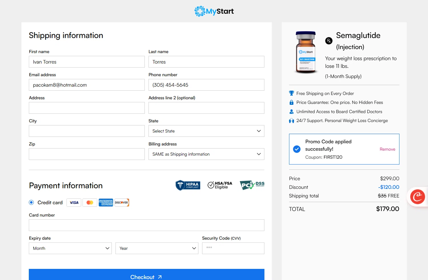 MyStart Weight Loss promo code screenshot showing code FIRST120 applied at MyStart Weight Loss checkout page. Uploaded by SimplyCodes community member ivantorres on Oct 22, 2025