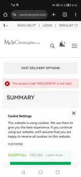 WELCOME10 coupon verification screenshot
