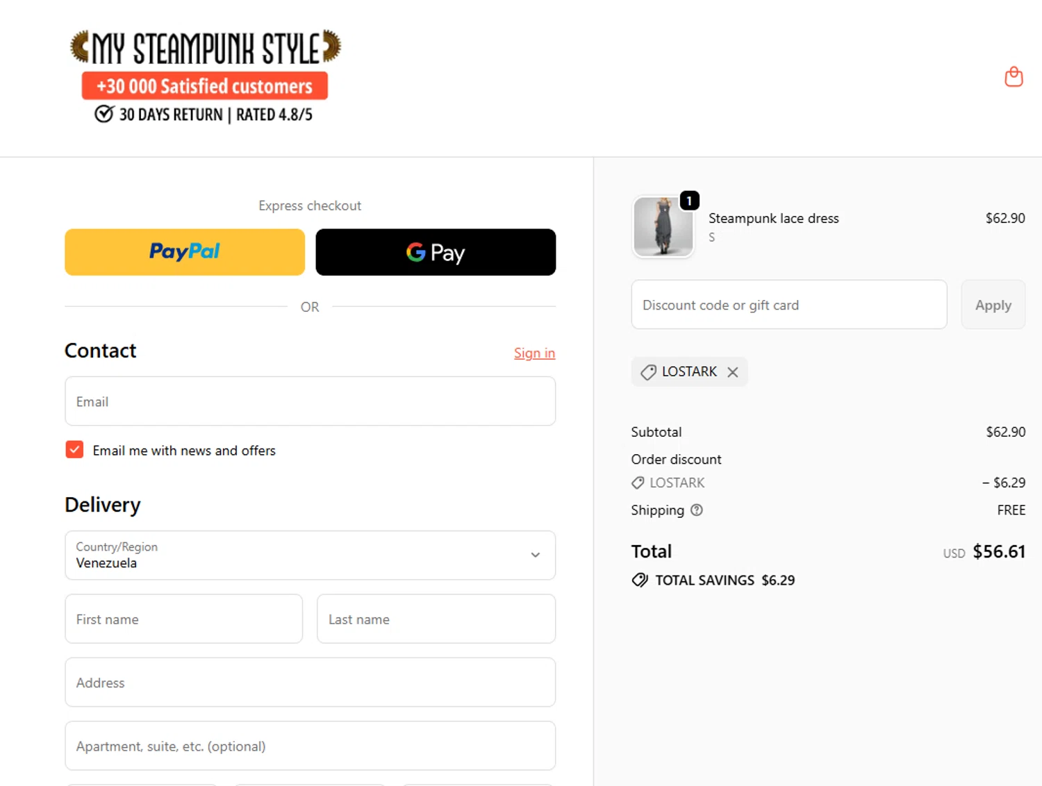 My Steampunk Style promo code screenshot showing code LOSTARK applied at My Steampunk Style checkout page. Uploaded by SimplyCodes community member SwiftSpotter945 on Jun 7, 2026
