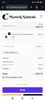 WELCOME15 coupon verification screenshot