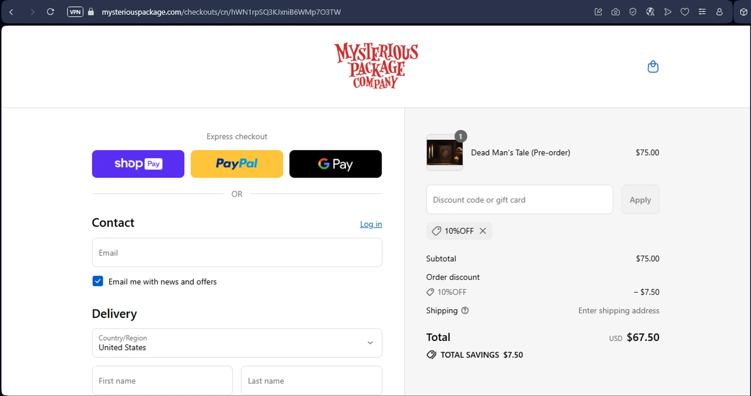 Mysterious Package promo code screenshot showing code 10%off applied at Mysterious Package checkout page. Uploaded by SimplyCodes community member MagnificentAdmiral9096 on Aug 16, 2025