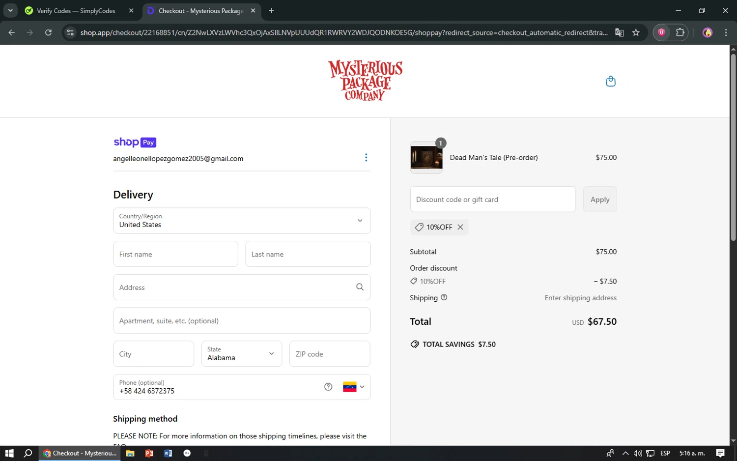 Mysterious Package promo code screenshot showing code 10%off applied at Mysterious Package checkout page. Uploaded by SimplyCodes community member TreasureShopper9156 on Jun 25, 2025
