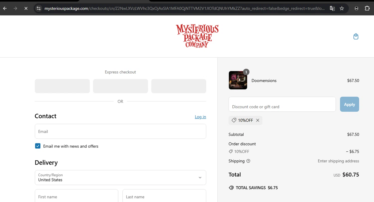 Mysterious Package promo code screenshot showing code 10%off applied at Mysterious Package checkout page. Uploaded by SimplyCodes community member RoyalSpotter5217 on Mar 12, 2025