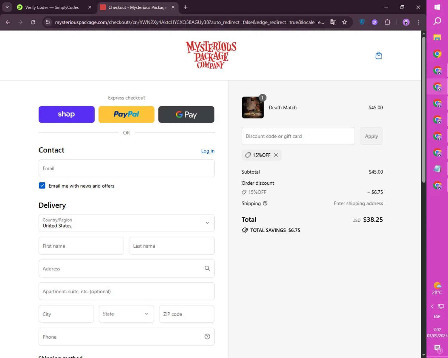 Mysterious Package promo code screenshot showing code 15%off applied at Mysterious Package checkout page. Uploaded by SimplyCodes community member CashSaver4711 on Sep 3, 2025