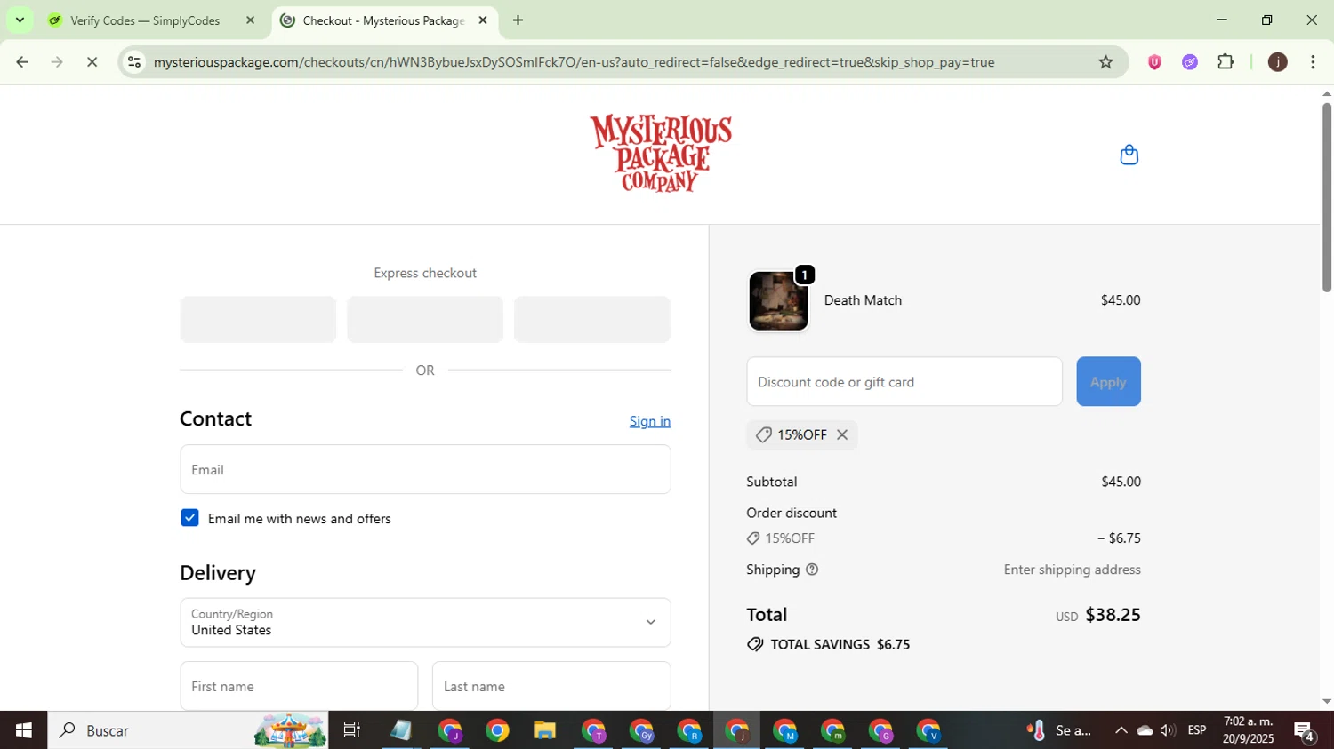 Mysterious Package promo code screenshot showing code 15%off applied at Mysterious Package checkout page. Uploaded by SimplyCodes community member WonderEagle9833 on Sep 20, 2025