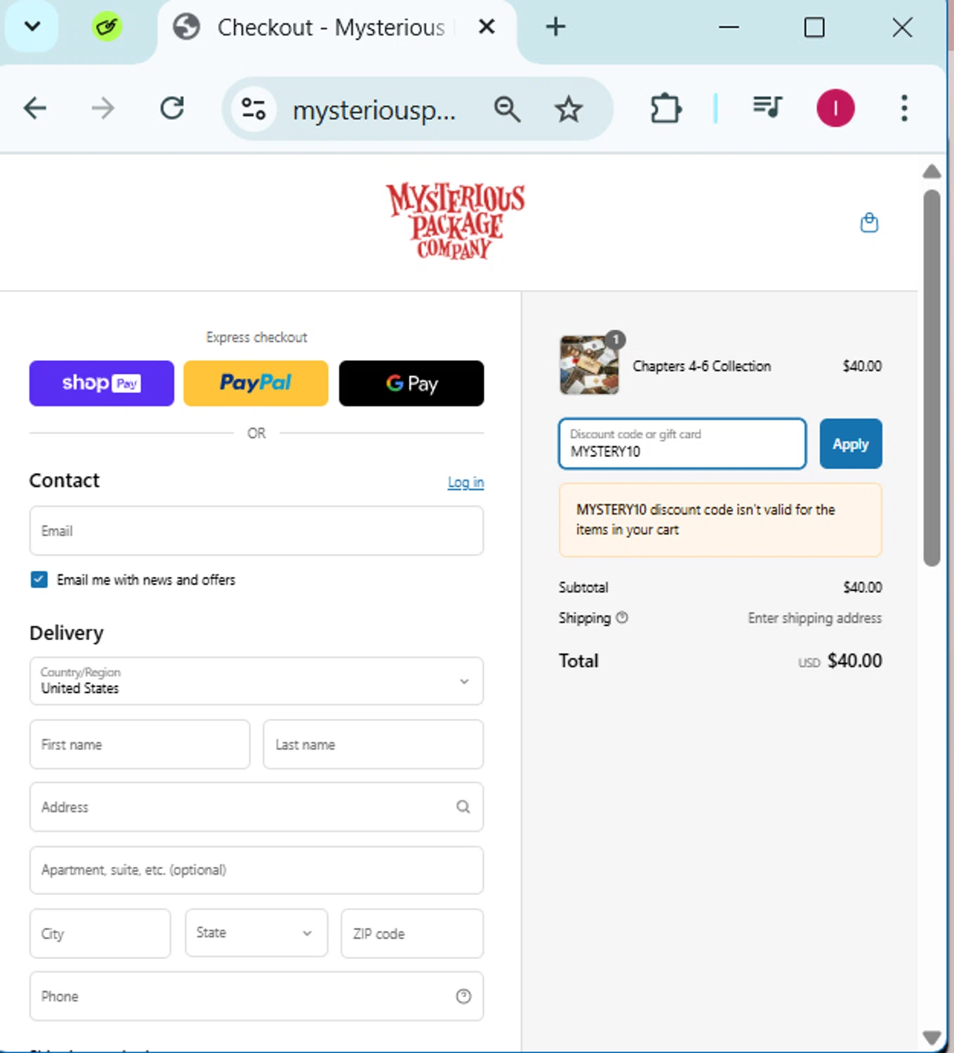 Mysterious Package promo code screenshot showing code MYSTERY10 applied at Mysterious Package checkout page. Uploaded by SimplyCodes community member SavingsPhoenix2740 on Mar 19, 2025