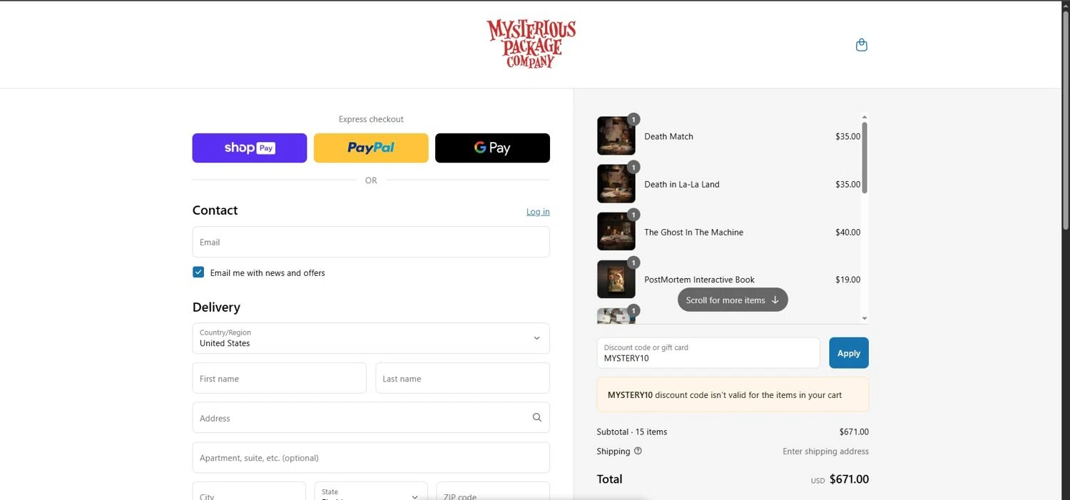 Mysterious Package promo code screenshot showing code MYSTERY10 applied at Mysterious Package checkout page. Uploaded by SimplyCodes community member Depressive on Mar 19, 2025