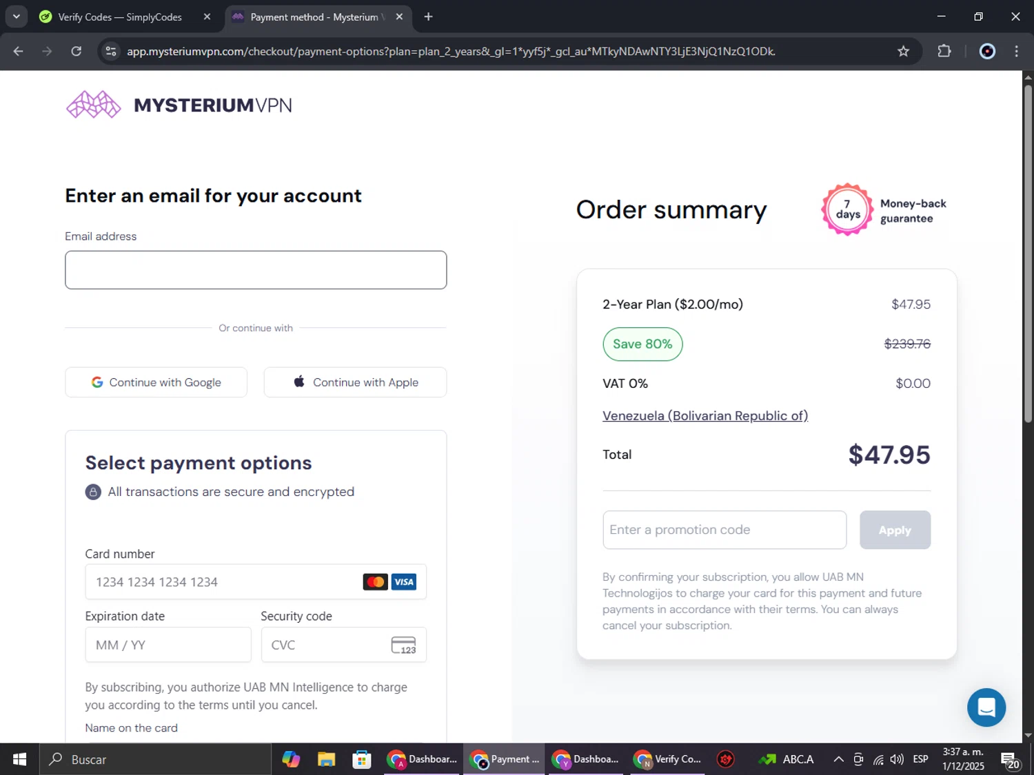 Mysterium VPN checkout page showing Mysterium VPN coupon code box | Screenshot taken by SimplyCodes community member on Dec 1, 2025