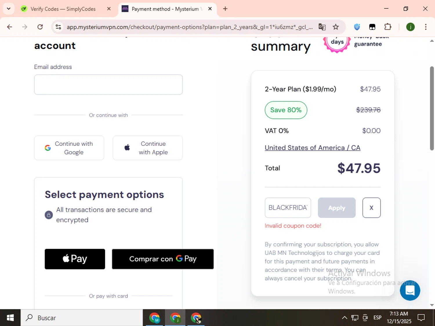 Mysterium VPN coupon code screenshot showing code BLACKFRIDAY applied at Mysterium VPN checkout page. Uploaded by SimplyCodes community member SavingsCollector2592 on Dec 15, 2025