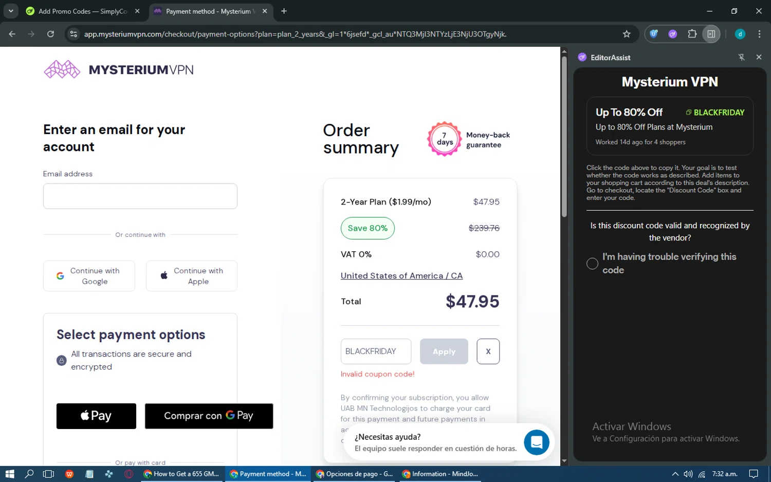Mysterium VPN coupon code screenshot showing code BLACKFRIDAY applied at Mysterium VPN checkout page. Uploaded by SimplyCodes community member SmartExpert6670 on Dec 15, 2025
