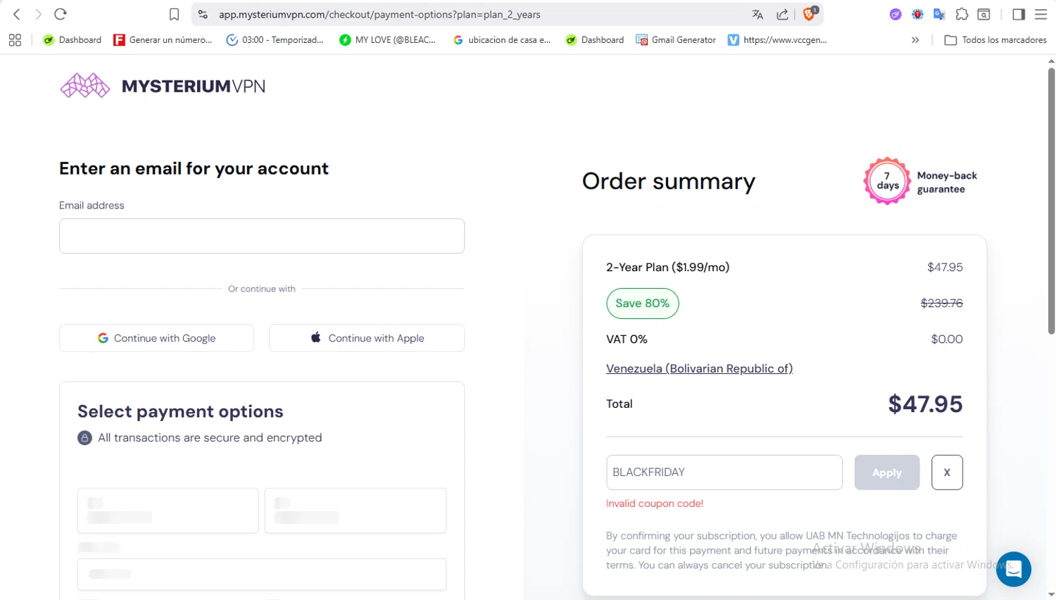 Mysterium VPN coupon code screenshot showing code BLACKFRIDAY applied at Mysterium VPN checkout page. Uploaded by SimplyCodes community member VoucherFalcon3942 on Dec 15, 2025