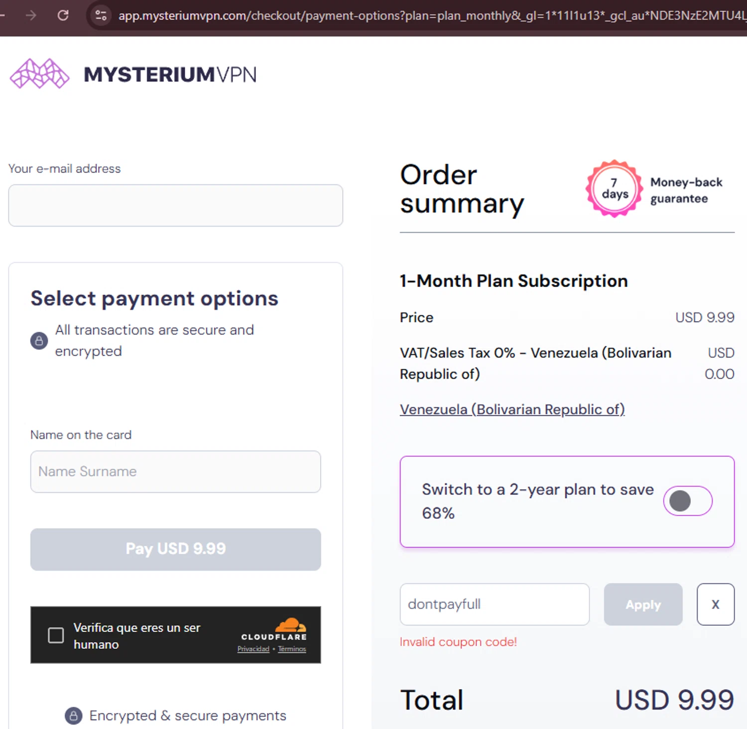 Mysterium VPN coupon code screenshot showing code dontpayfull applied at Mysterium VPN checkout page. Uploaded by SimplyCodes community member bebitafiufuiuww on Sep 30, 2025