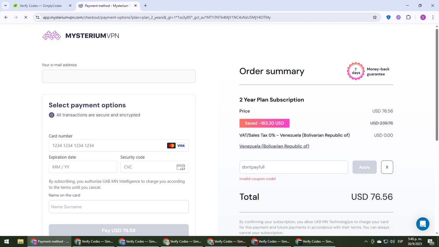Mysterium VPN coupon code screenshot showing code dontpayfull applied at Mysterium VPN checkout page. Uploaded by SimplyCodes community member Son_Goku on Sep 30, 2025