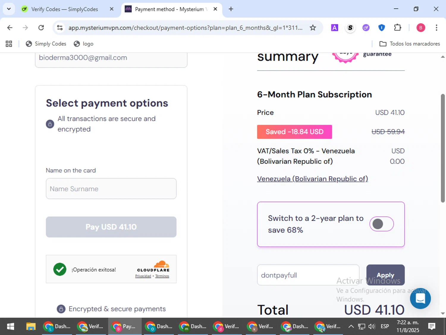 Mysterium VPN checkout page showing Mysterium VPN coupon code box | Screenshot taken by SimplyCodes community member on Aug 11, 2025