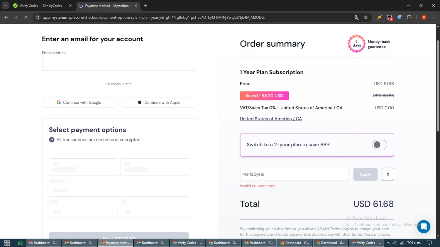 Mysterium VPN coupon code screenshot showing code Maria2year applied at Mysterium VPN checkout page. Uploaded by SimplyCodes community member BrilliantLynx7174 on Oct 30, 2025
