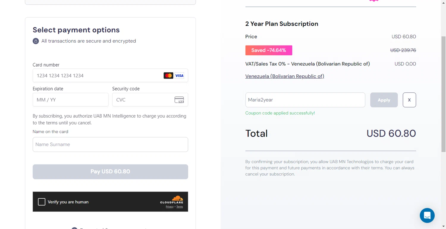 Mysterium VPN checkout page showing Mysterium VPN coupon code box | Screenshot taken by SimplyCodes community member on Oct 2, 2025