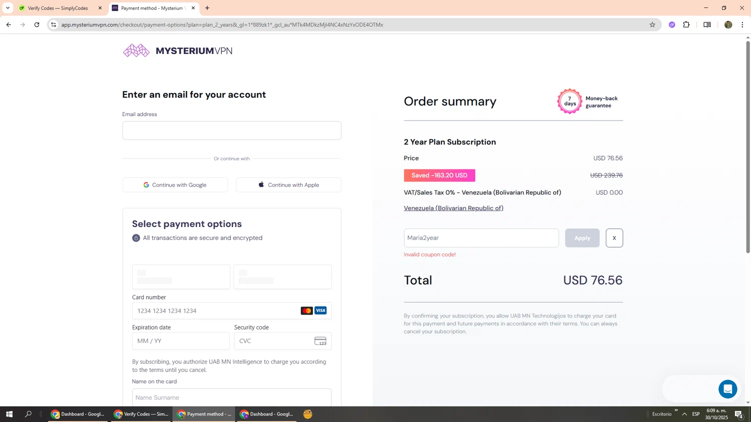 Mysterium VPN coupon code screenshot showing code Maria2year applied at Mysterium VPN checkout page. Uploaded by SimplyCodes community member Phoenix585 on Oct 30, 2025