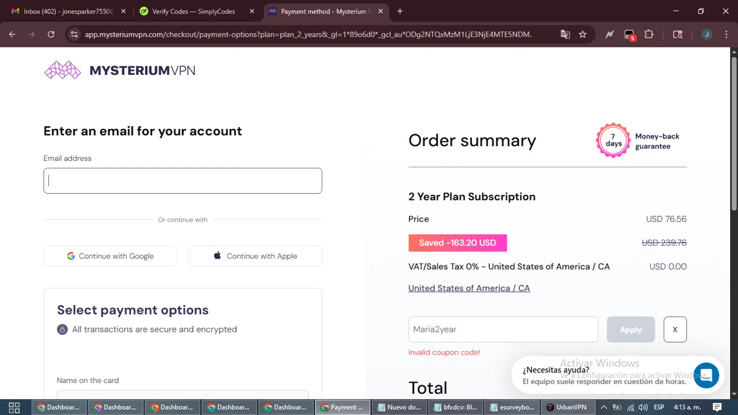 Mysterium VPN coupon code screenshot showing code Maria2year applied at Mysterium VPN checkout page. Uploaded by SimplyCodes community member ScanLynx8928 on Oct 30, 2025