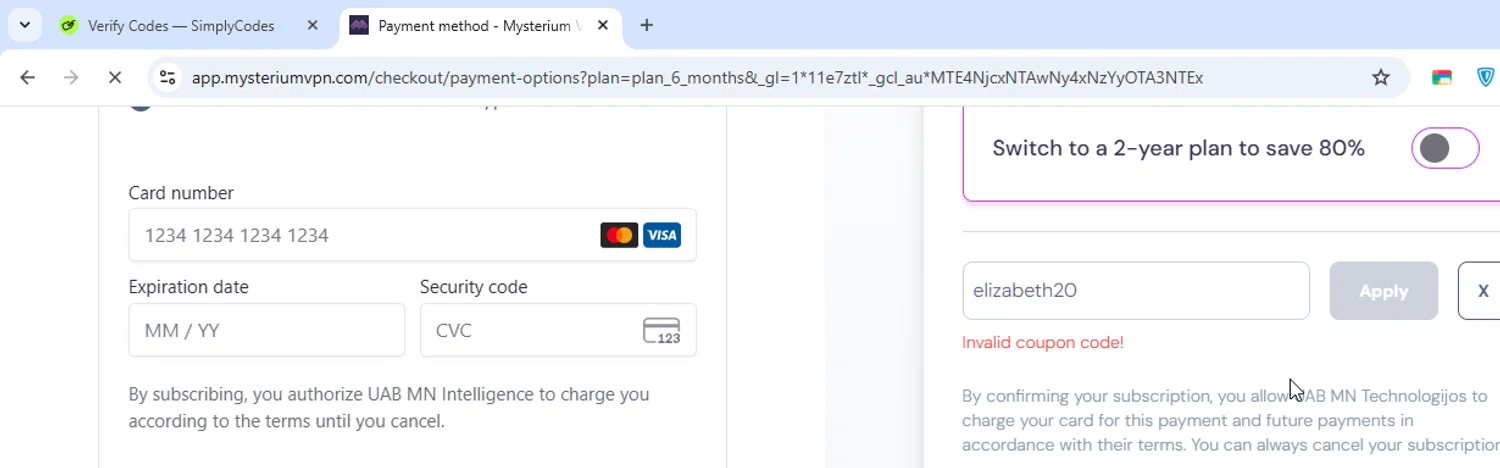 Mysterium VPN coupon code screenshot showing code elizabeth20 applied at Mysterium VPN checkout page. Uploaded by SimplyCodes community member Paolita on Nov 12, 2025