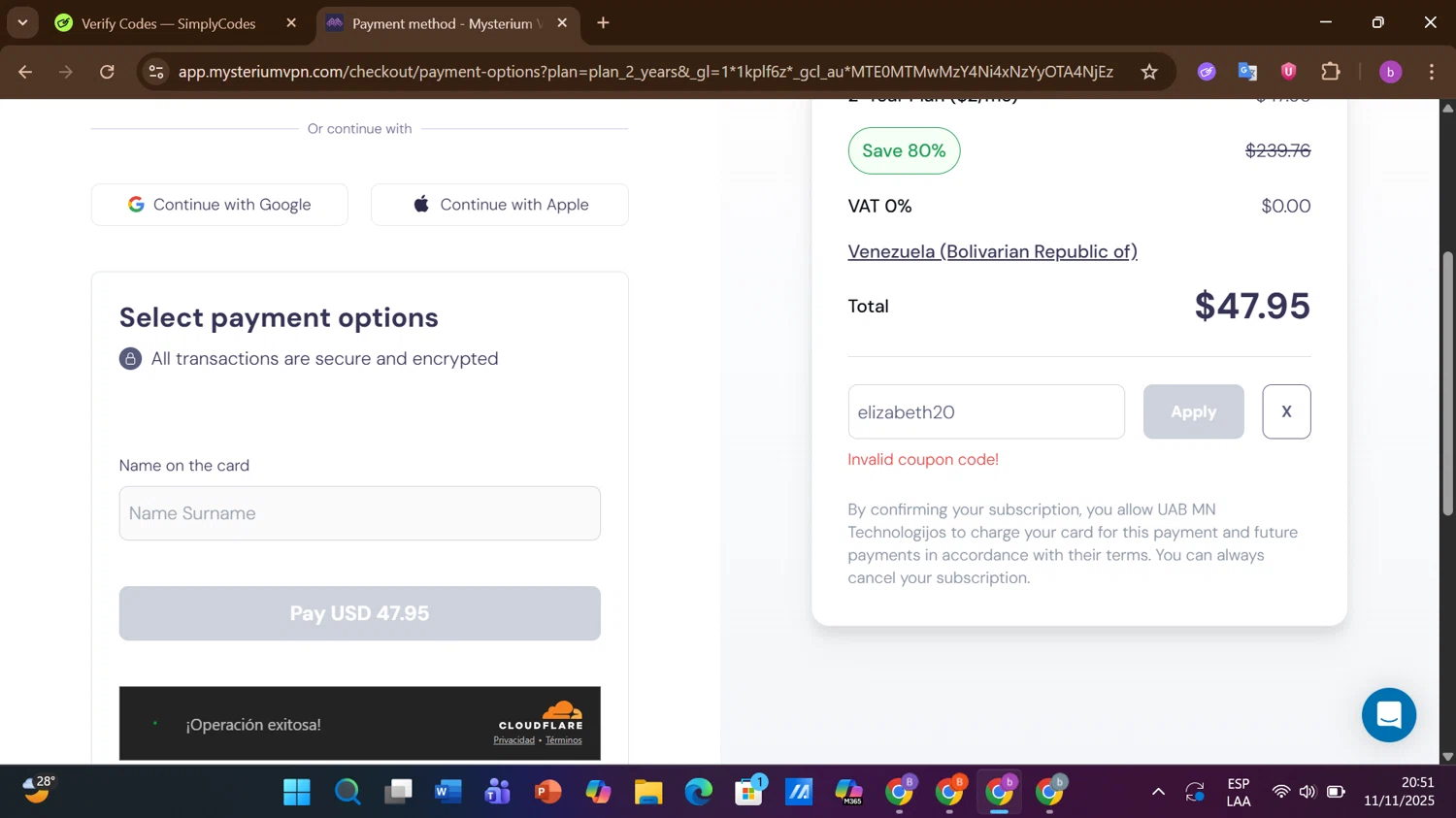 Mysterium VPN coupon code screenshot showing code elizabeth20 applied at Mysterium VPN checkout page. Uploaded by SimplyCodes community member ThriftyHero7862 on Nov 12, 2025