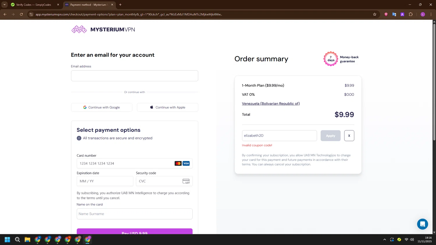 Mysterium VPN coupon code screenshot showing code elizabeth20 applied at Mysterium VPN checkout page. Uploaded by SimplyCodes community member ValueRanger3925 on Nov 11, 2025