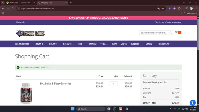 Mystic Labs checkout page showing Mystic Labs coupon code box | Screenshot taken by SimplyCodes community member on Sep 3, 2025