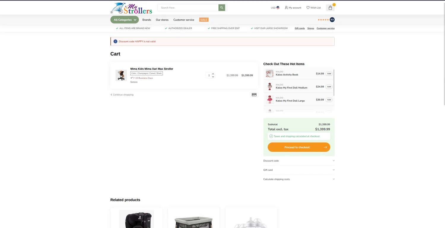 MyStrollers promo code screenshot showing code HAPPY applied at MyStrollers checkout page. Uploaded by SimplyCodes community member bluemoony on Mar 16, 2025