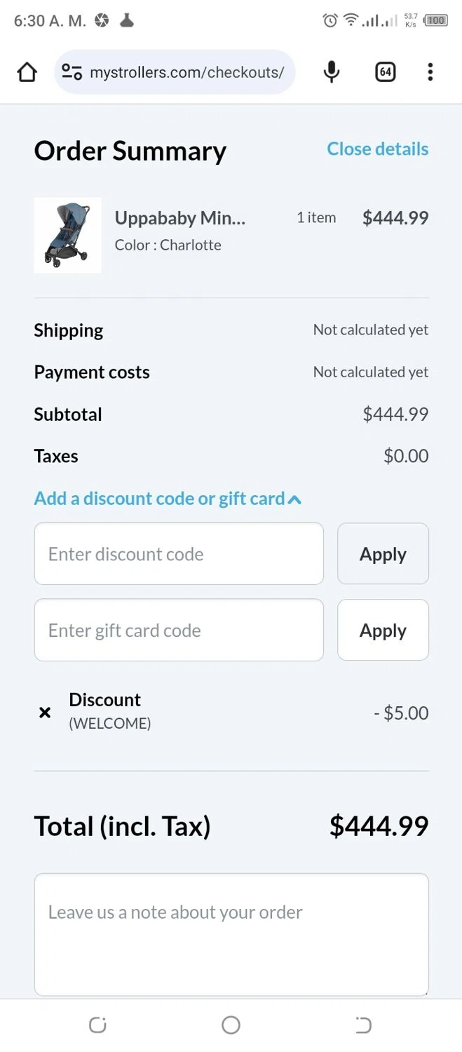 MyStrollers checkout page showing MyStrollers promo code box | Screenshot taken by SimplyCodes community member on Sep 29, 2023