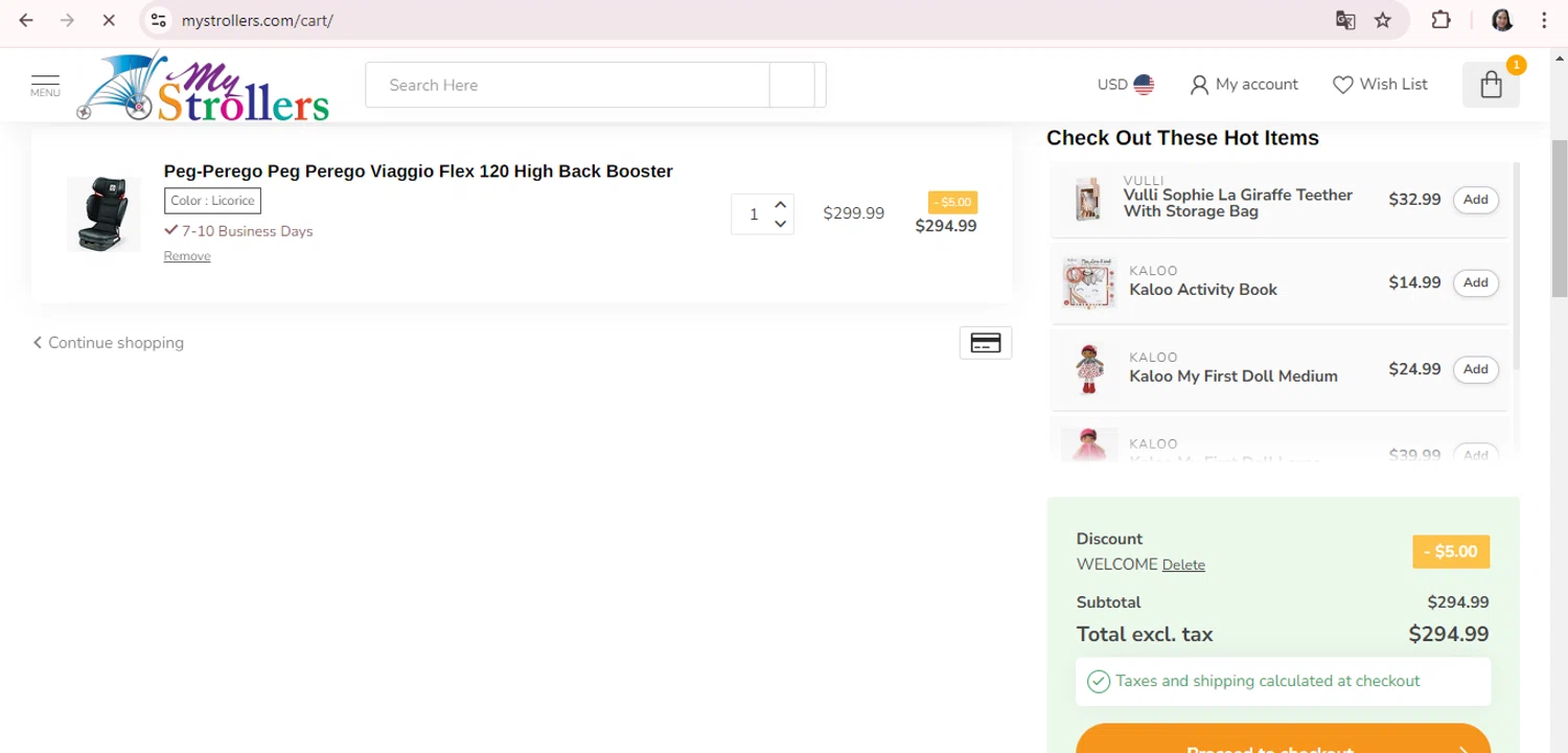 MyStrollers checkout page showing MyStrollers promo code box | Screenshot taken by SimplyCodes community member on Oct 24, 2024