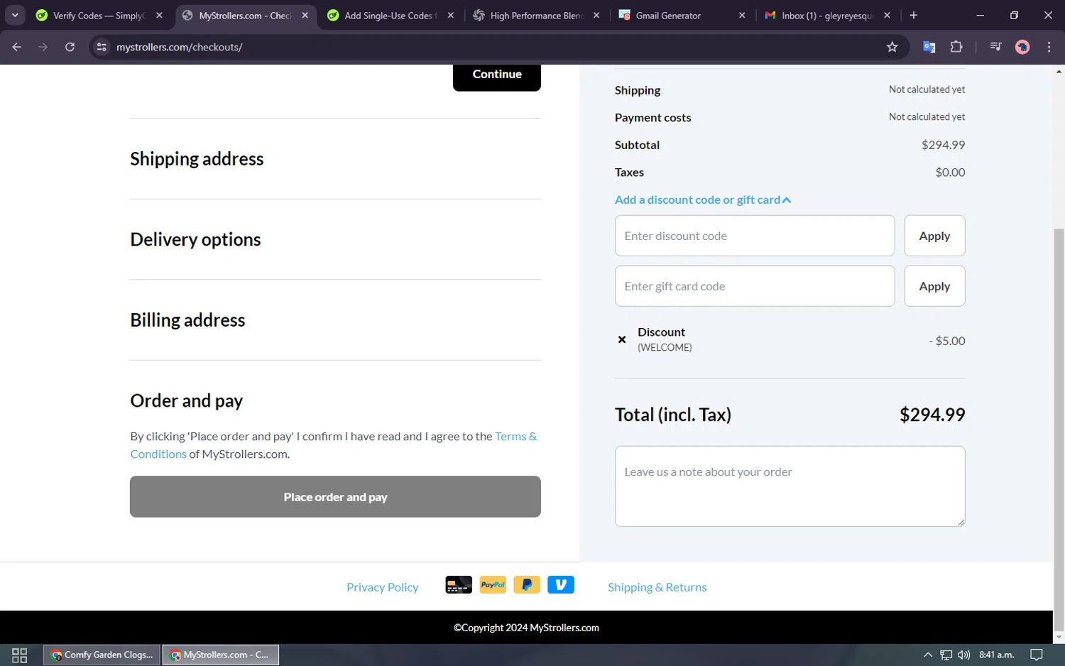 MyStrollers checkout page showing MyStrollers promo code box | Screenshot taken by SimplyCodes community member on Jul 19, 2024