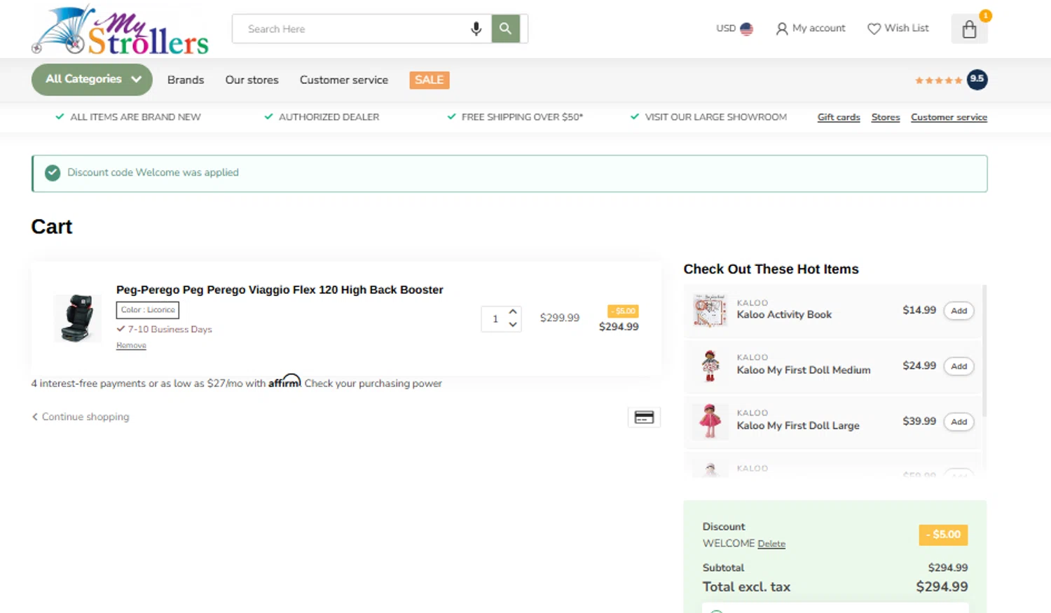 MyStrollers promo code screenshot showing code Welcome applied at MyStrollers checkout page. Uploaded by SimplyCodes community member Jhonny on Jun 6, 2025