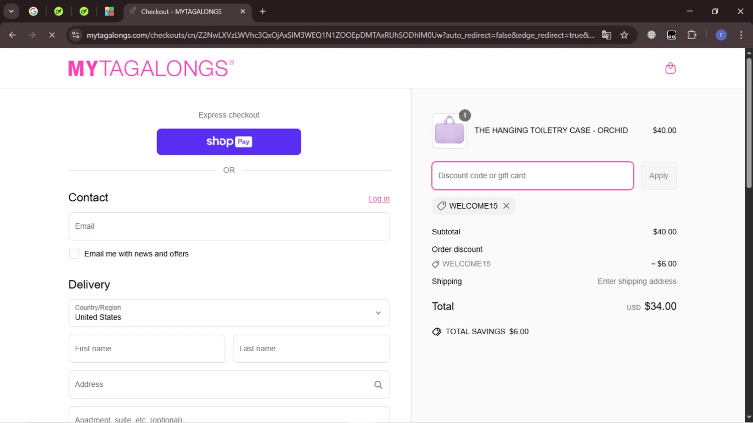 Mytagalongs discount code screenshot showing code WELCOME15 applied at Mytagalongs checkout page. Uploaded by SimplyCodes community member Noahkanst on Apr 19, 2025