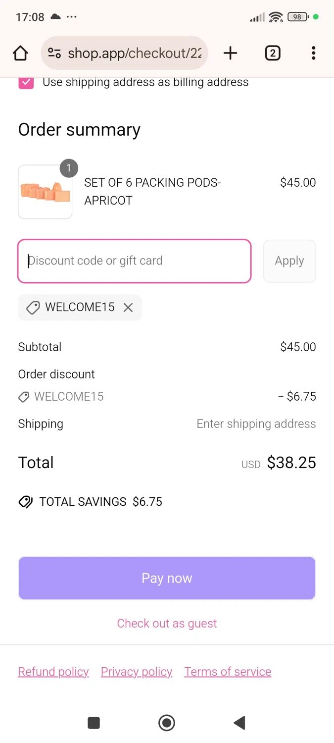 Mytagalongs discount code screenshot showing code WELCOME15 applied at Mytagalongs checkout page. Uploaded by SimplyCodes community member ShieldWhiz4659 on Apr 19, 2025