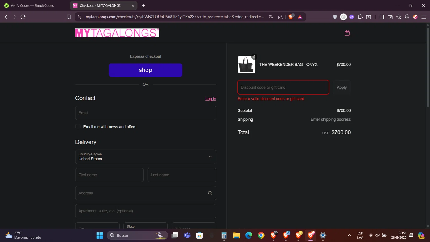Mytagalongs discount code screenshot showing code BACKTOBUSINESS applied at Mytagalongs checkout page. Uploaded by SimplyCodes community member FortunateRanger1171 on Aug 29, 2025