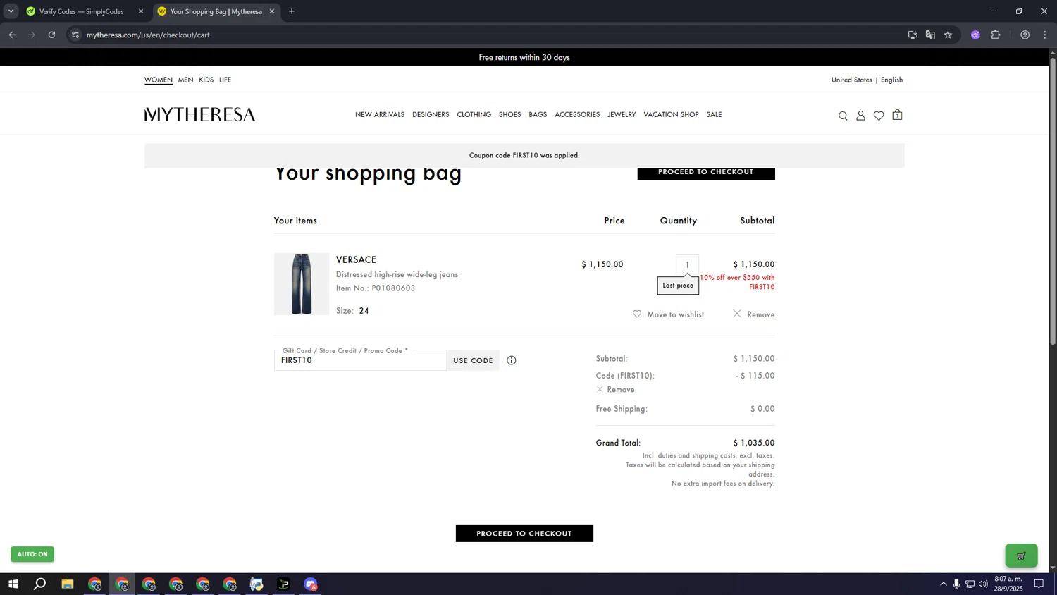Mytheresa checkout page showing Mytheresa promo code box | Screenshot taken by SimplyCodes community member on Sep 28, 2025