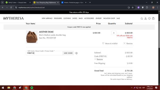 Mytheresa checkout page showing Mytheresa promo code box | Screenshot taken by SimplyCodes community member on Oct 2, 2025