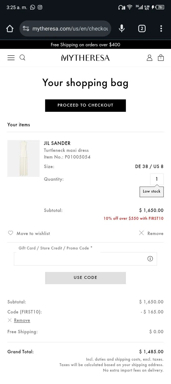 Mytheresa checkout page showing Mytheresa promo code box | Screenshot taken by SimplyCodes community member on Jan 3, 2026