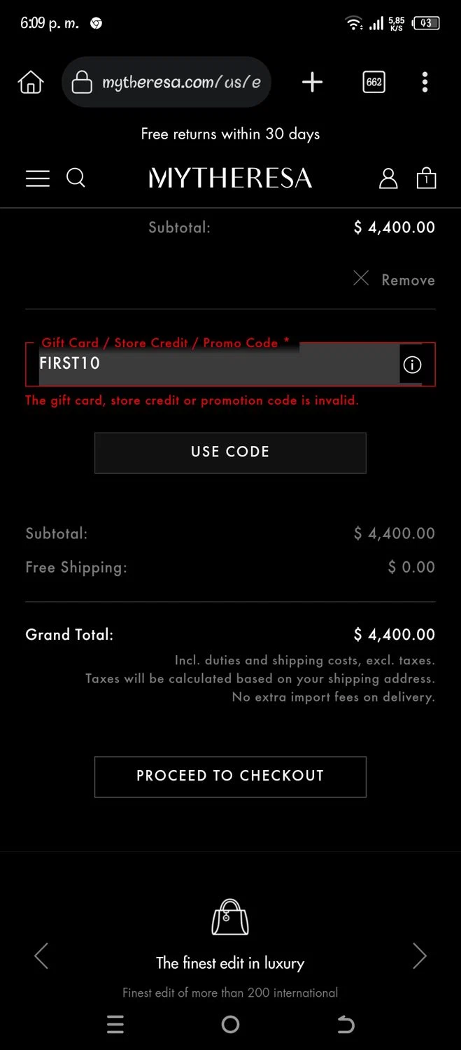 Mytheresa promo code screenshot showing code FIRST10 applied at Mytheresa checkout page. Uploaded by SimplyCodes community member Pipina11 on Oct 11, 2025