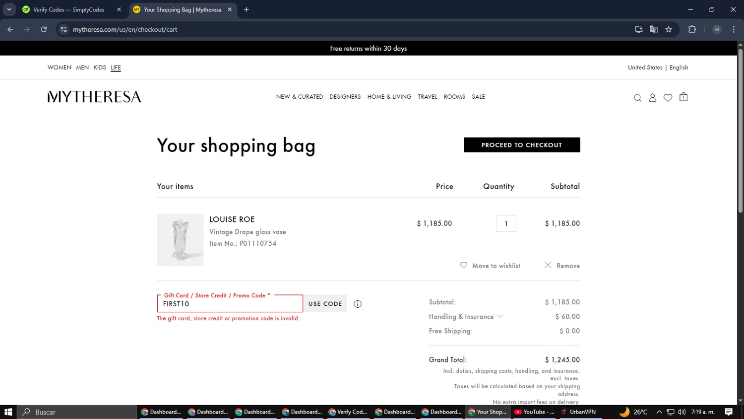 Mytheresa promo code screenshot showing code FIRST10 applied at Mytheresa checkout page. Uploaded by SimplyCodes community member SmartMaverick5327 on Jan 9, 2026