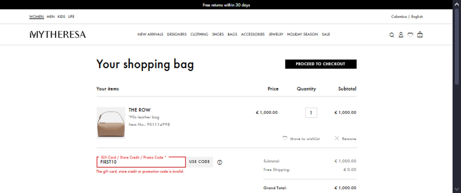 Mytheresa promo code screenshot showing code FIRST10 applied at Mytheresa checkout page. Uploaded by SimplyCodes community member TraxoGamer on Jan 3, 2026