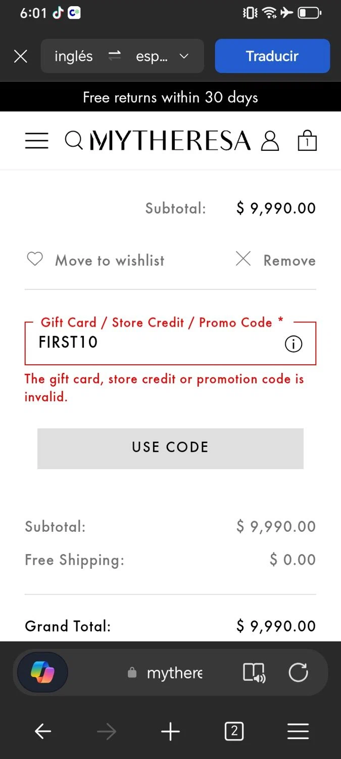 Mytheresa promo code screenshot showing code FIRST10 applied at Mytheresa checkout page. Uploaded by SimplyCodes community member Xx_Cogeburras3000_xX on Jan 21, 2026