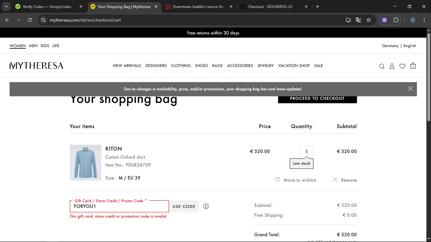 Mytheresa promo code screenshot showing code FORYOU1 applied at Mytheresa checkout page. Uploaded by SimplyCodes community member LegendaryFox9861 on Sep 13, 2025
