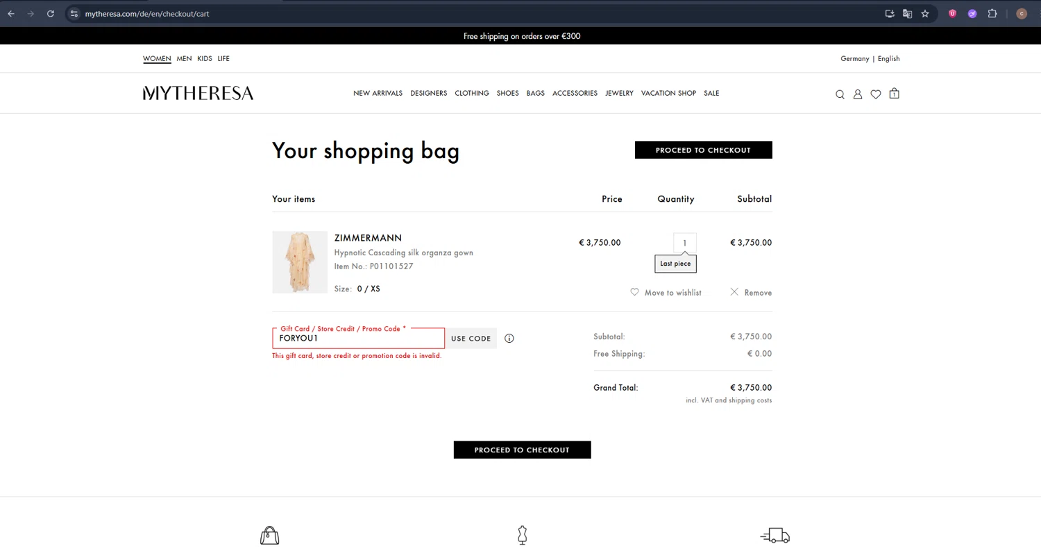 Mytheresa promo code screenshot showing code FORYOU1 applied at Mytheresa checkout page. Uploaded by SimplyCodes community member VoucherSleuth2594 on Sep 13, 2025