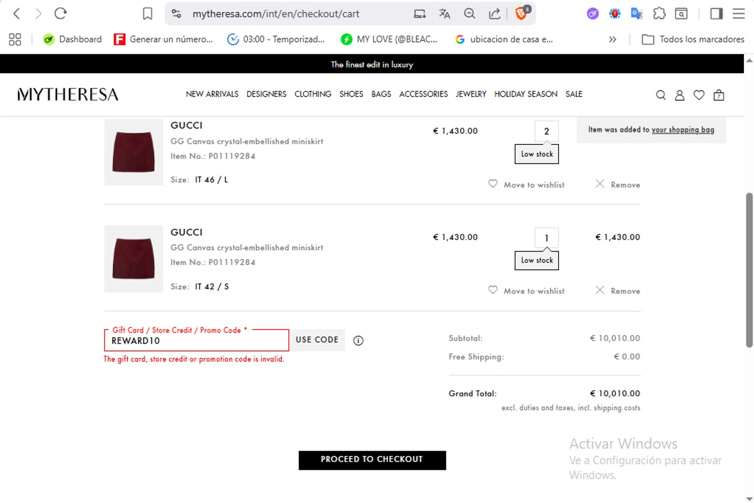 Mytheresa promo code screenshot showing code REWARD10 applied at Mytheresa checkout page. Uploaded by SimplyCodes community member VoucherFalcon3942 on Nov 2, 2025