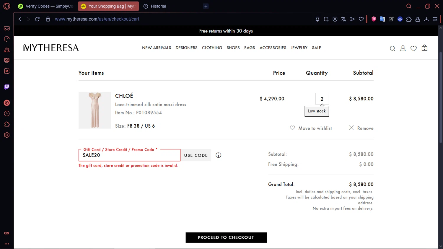 Mytheresa promo code screenshot showing code SALE20 applied at Mytheresa checkout page. Uploaded by SimplyCodes community member MoneySentinel1166 on Jan 14, 2026