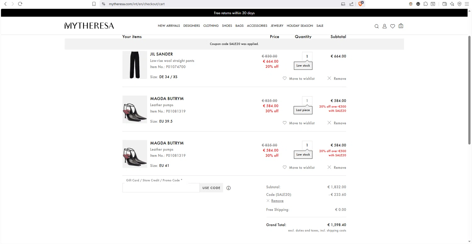 Mytheresa checkout page showing Mytheresa promo code box | Screenshot taken by SimplyCodes community member on Jan 2, 2026
