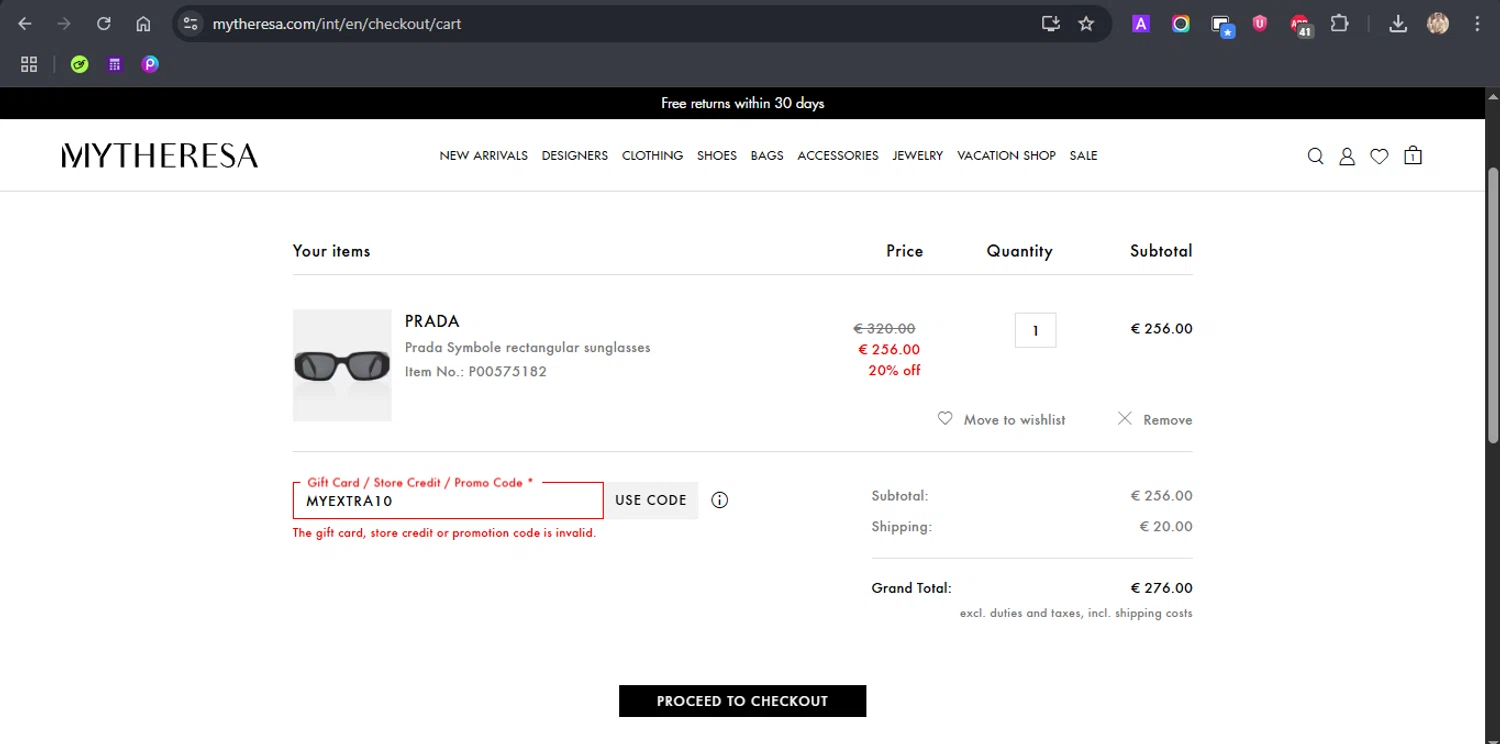 Mytheresa promo code screenshot showing code MYEXTRA10 applied at Mytheresa checkout page. Uploaded by SimplyCodes community member ROCKSORD_2 on Aug 14, 2025