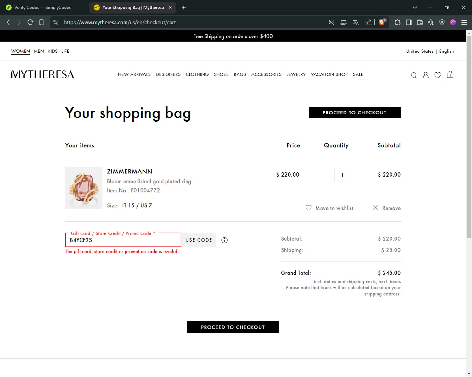 Mytheresa promo code screenshot showing code B4YCF2S applied at Mytheresa checkout page. Uploaded by SimplyCodes community member MoneyEagle4780 on Mar 7, 2025