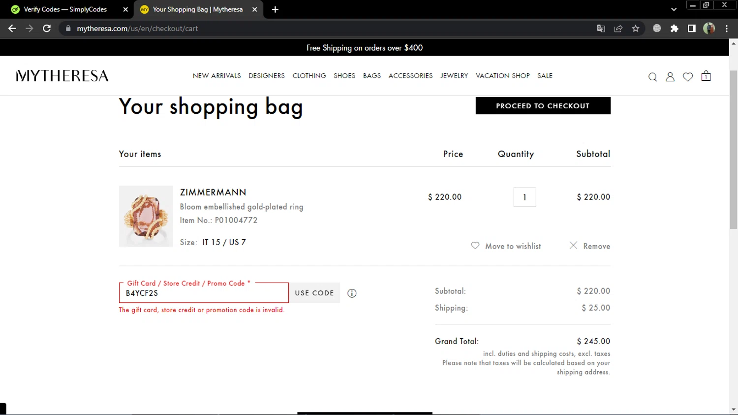 Mytheresa promo code screenshot showing code B4YCF2S applied at Mytheresa checkout page. Uploaded by SimplyCodes community member MoneySentinel7597 on Mar 7, 2025