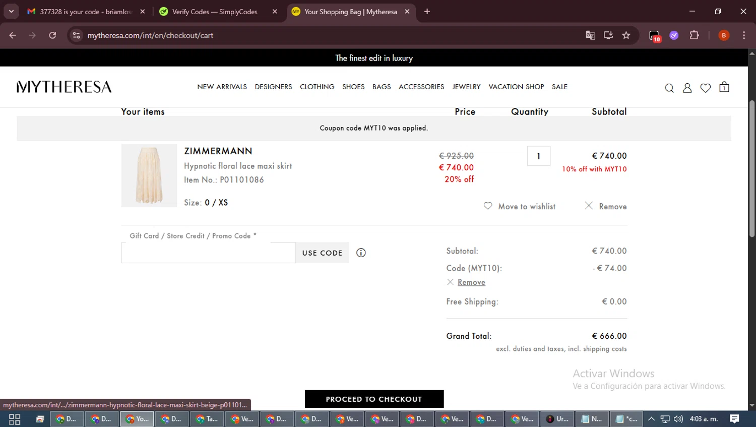 Mytheresa promo code screenshot showing code MYT10 applied at Mytheresa checkout page. Uploaded by SimplyCodes community member DiscountExpert6435 on Feb 20, 2026